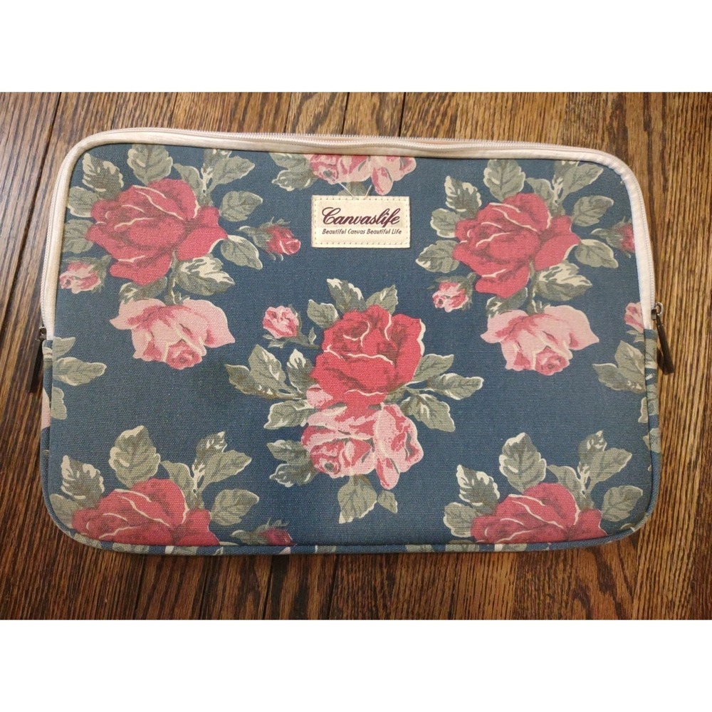 Canvaslife Floral Laptop Sleeve Case Blue Pink Rose Padded Zipper Bag